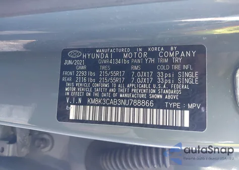 2022 Hyundai Kona Sel из США, поврежденный, VIN KM8K3CAB3NU788866